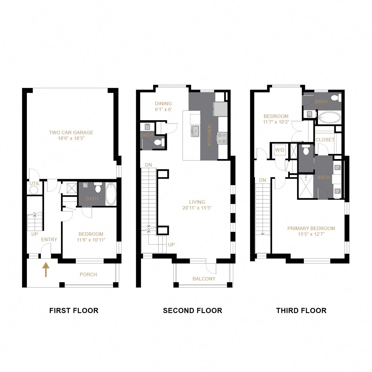 Floor plan for 3 beds, 3.5 baths, 2214 sqft